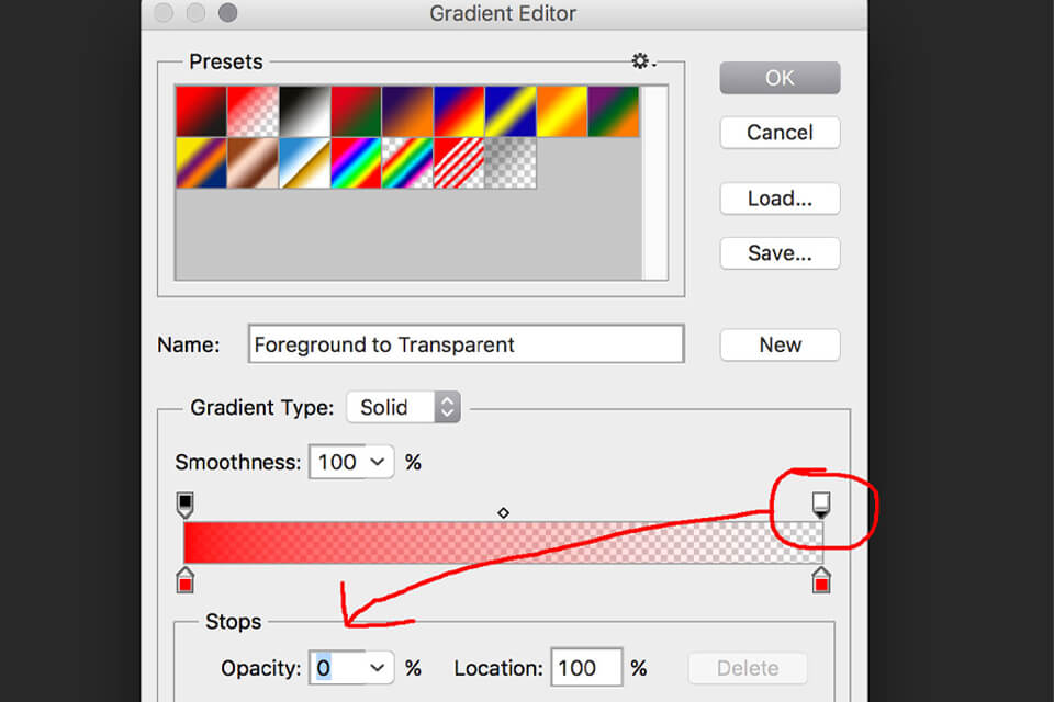 Sử dụng gradient editor thiết lập dài màu sắc